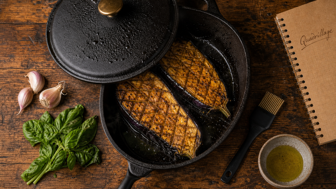 Aubergine fondante à la poêle : la technique du quadrillage pour une chair parfaite Aubergine fondante à la poêle quadrillée, chair fondante visible
