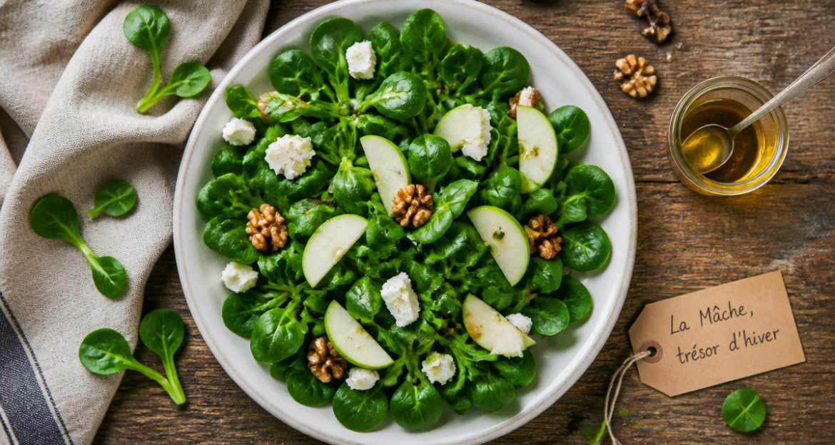Mâche : 5 raisons de privilégier cette salade d’hiver pour votre santé Bienfait de la mache salade hiver assiette noix pomme