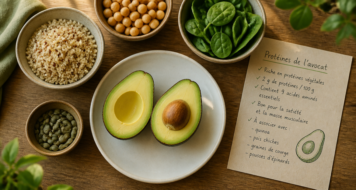 combien de proteine dans un avocat sur une assiette avec aliments riches en proteines