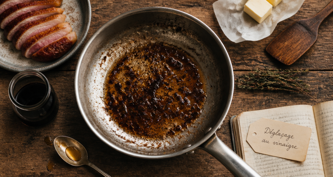 Déglacer au vinaigre : la technique pour transformer vos sucs en sauces gastronomiques Déglacer au vinaigre dans une poêle avec sucs