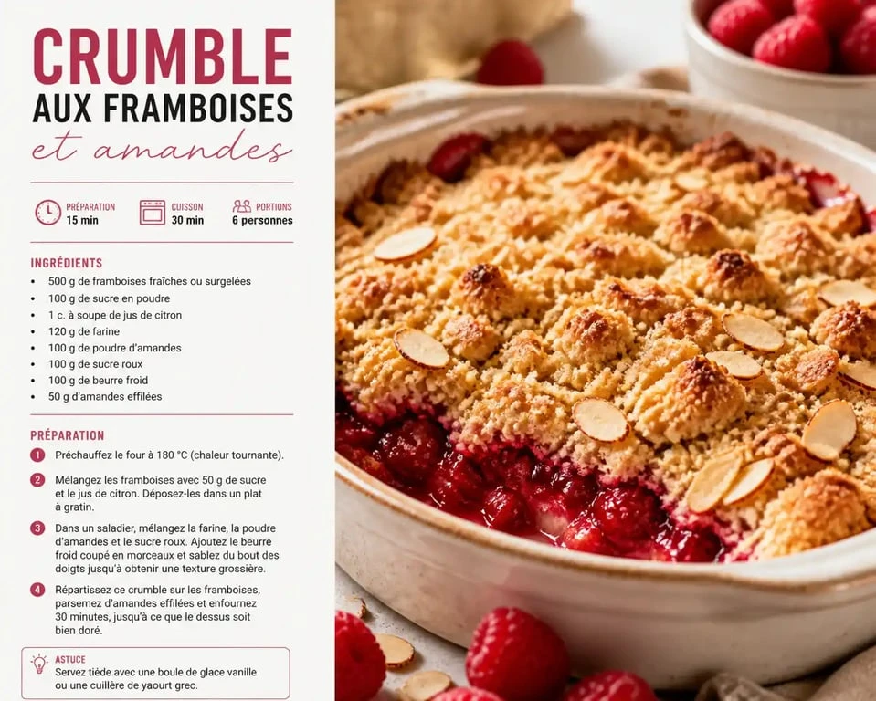 Crumble framboise poudre amande doré et croustillant dans un plat