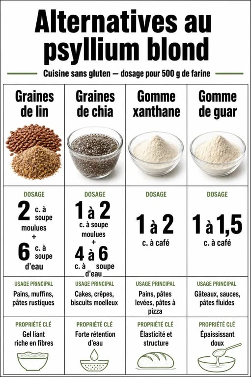 Infographie comparative des alternatives au psyllium pour remplacer le psyllium en cuisine sans gluten