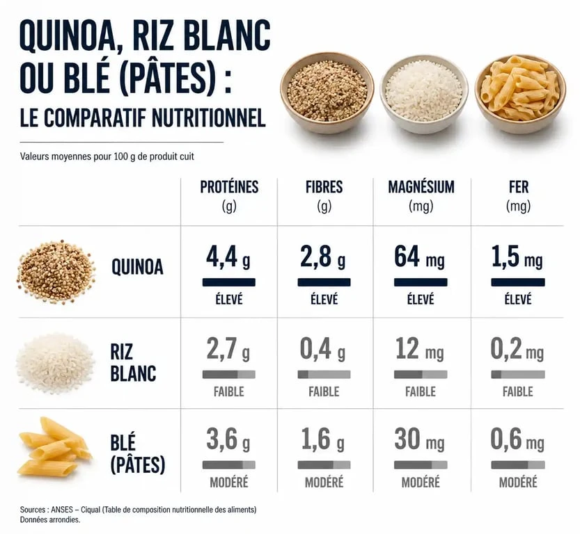 Infographie comparative des valeurs nutritionnelles du quinoa, du riz et du blé pour 100g