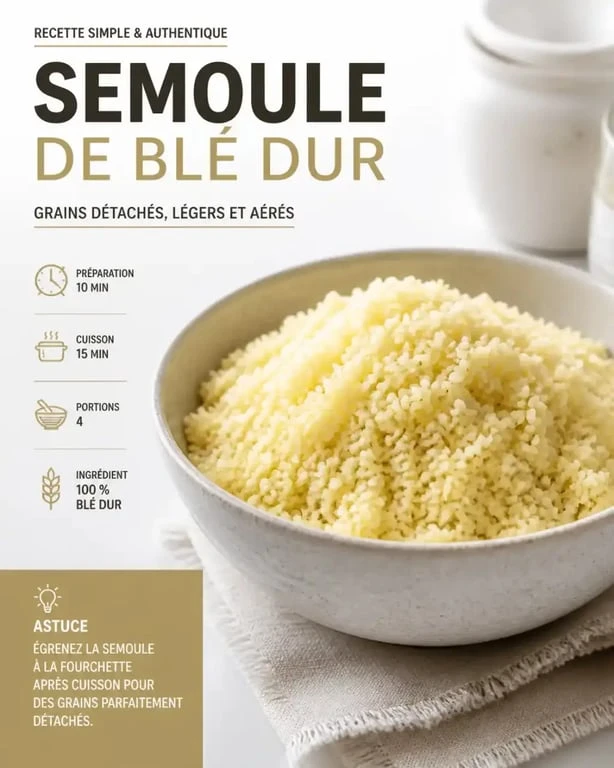 Bol de semoule de blé dur cuite, idéale pour accompagner un couscous ou un taboulé, quantité par personne bien dosée