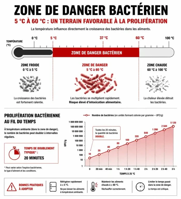 Infographie sur la zone de danger bactérien et la conservation des produits décongelés au réfrigérateur