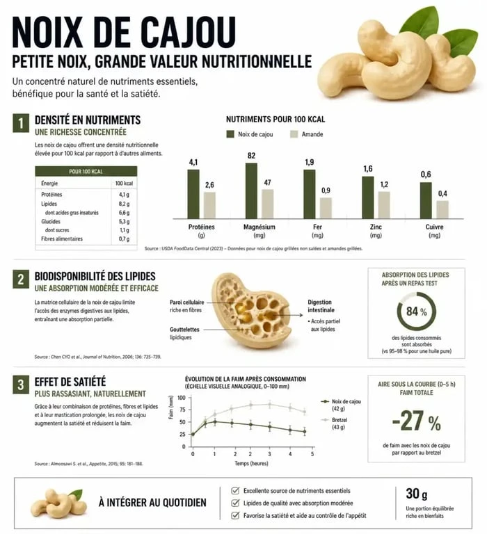 Infographie sur les bienfaits nutritionnels et l'impact des noix de cajou sur la satiété et la gestion du poids