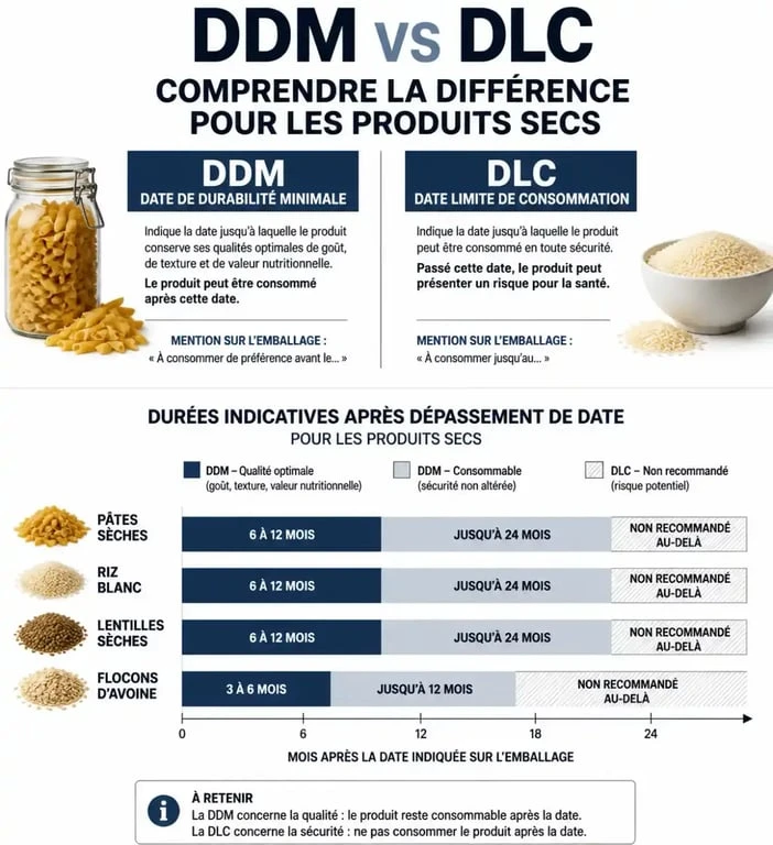 Infographie explicative sur la différence entre DDM et DLC pour un biscuit périmé depuis 1 an