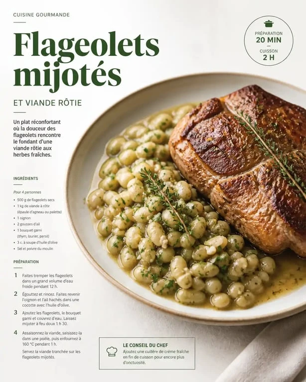 Assiette gourmande d'accompagnement flageolet avec viande rôtie et herbes fraîches