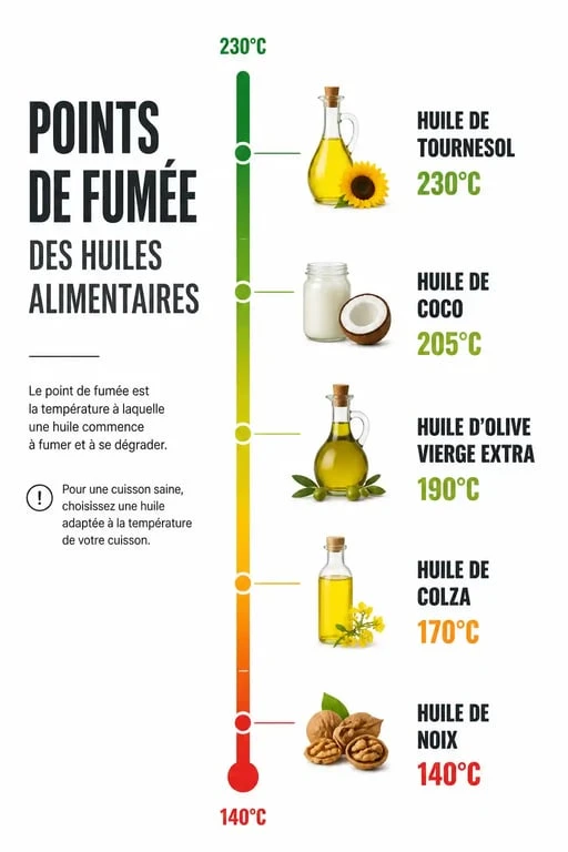 Infographie comparative des points de fumée des huiles alimentaires pour la cuisson, incluant l'huile de noix.