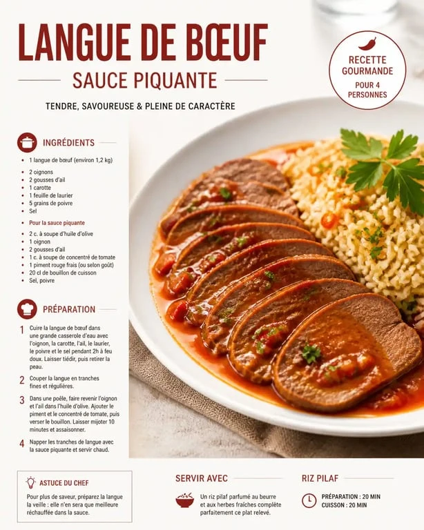 Langue de bœuf sauce piquante avec riz pilaf, un accompagnement idéal pour ce plat traditionnel.