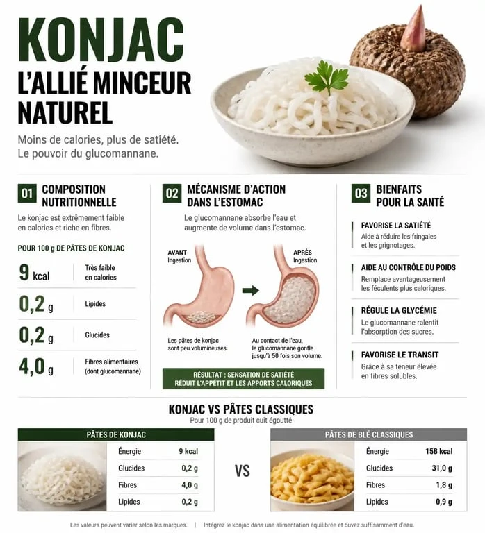 Infographie sur les bienfaits santé et les propriétés nutritionnelles du konjac