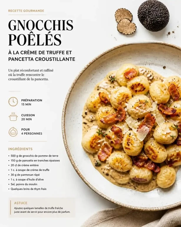 Gnocchis poêlés à la crème de truffe et pancetta, une idée d'accompagnement gourmande pour vos gnocchis