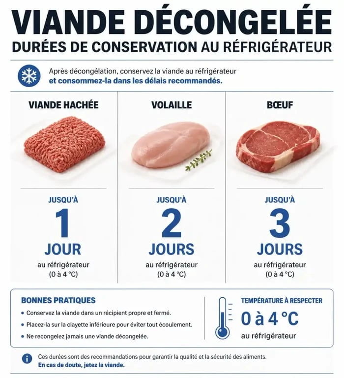 Infographie des durées de conservation de la viande décongelée au réfrigérateur pour garantir la sécurité alimentaire