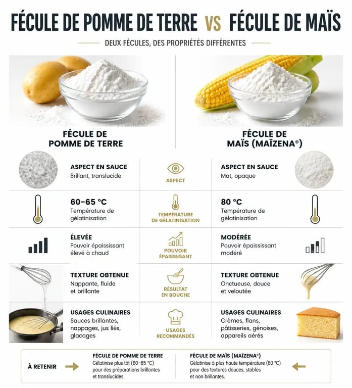Infographie comparative des propriétés et usages de la fécule de pommes de terre et de la Maïzena