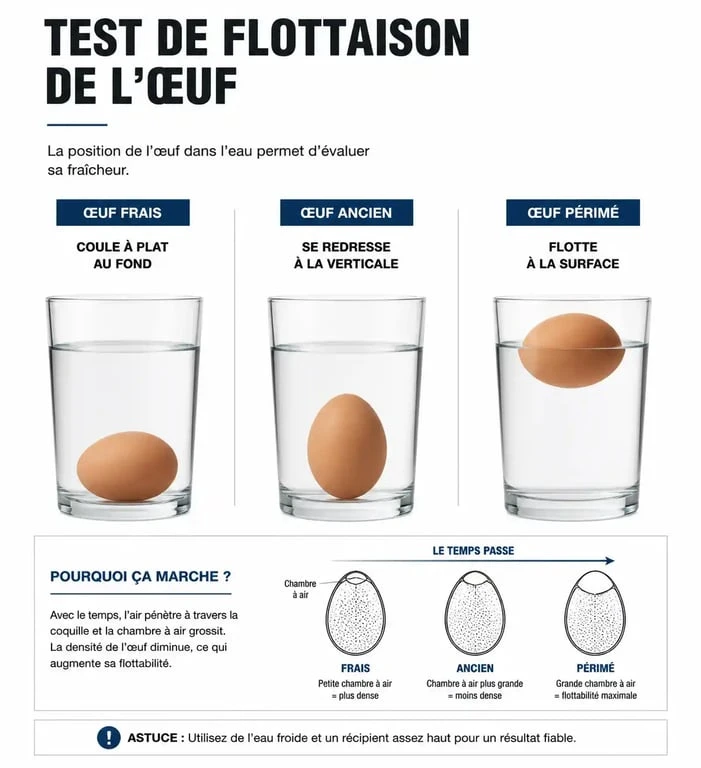 Test de flottaison pour vérifier si des œufs périmés depuis 1 mois sont encore consommables