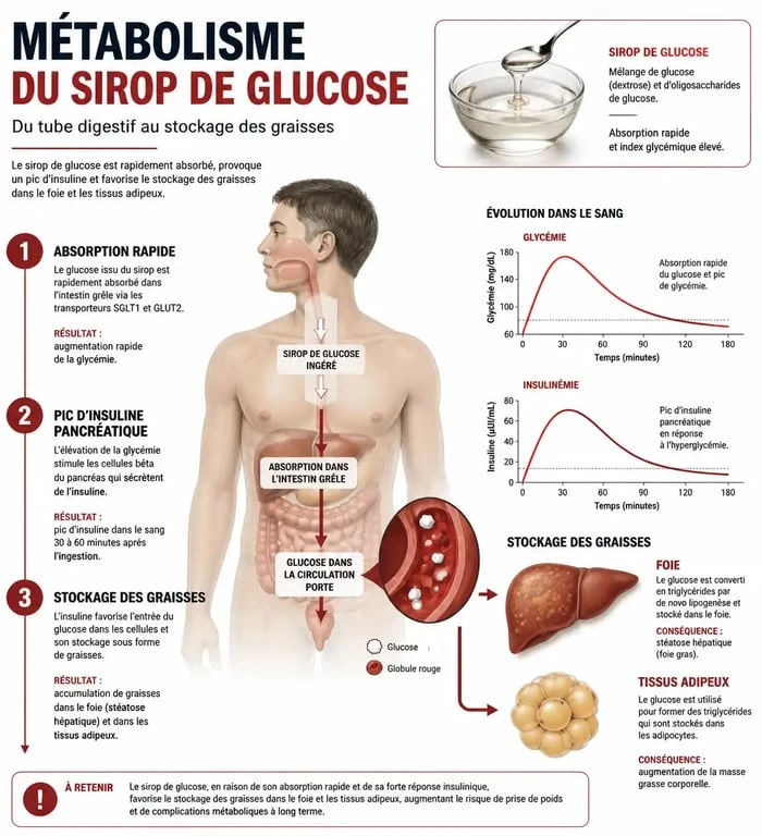 Infographie scientifique sur l'impact du sirop de glucose sur la santé et le métabolisme