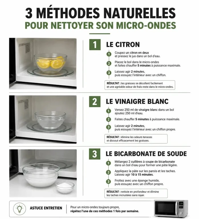 Infographie des méthodes naturelles de nettoyage micro onde : citron, vinaigre et bicarbonate