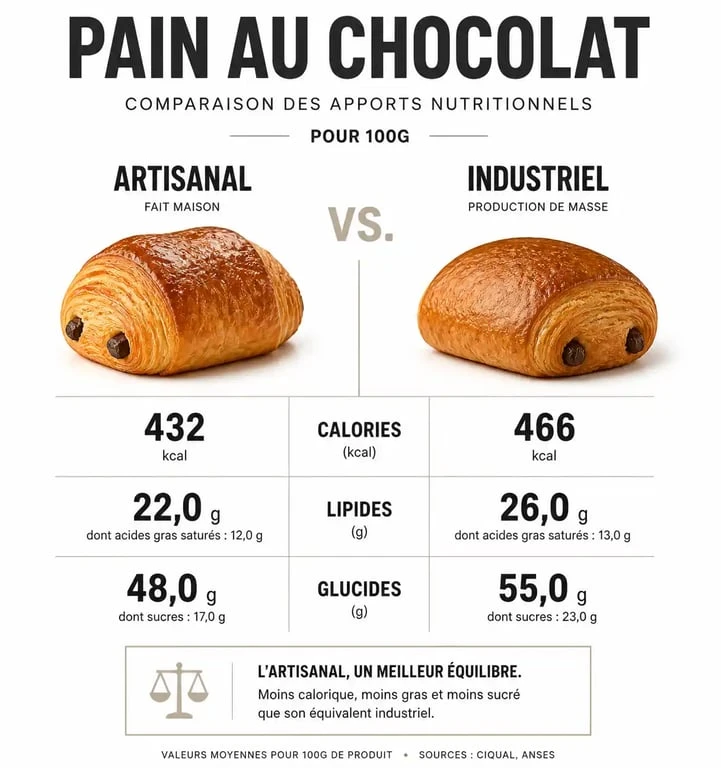Infographie comparative des calories et nutriments d'un pain au chocolat de boulangerie artisanale versus industriel