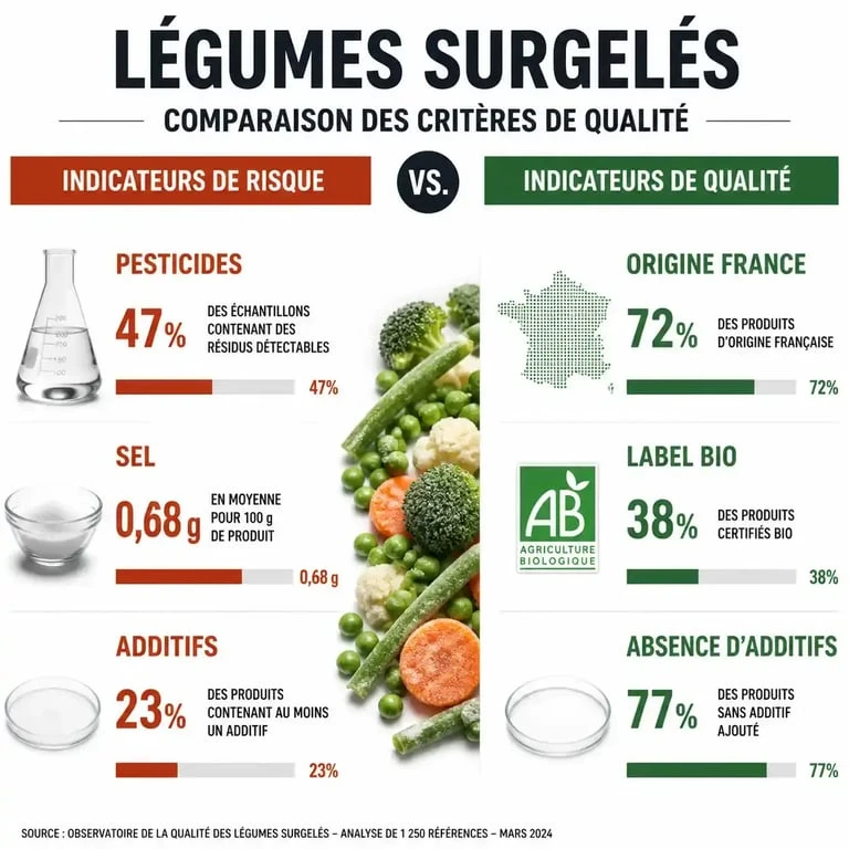 Infographie comparative pour identifier les marques de légumes surgelés à éviter et choisir des produits sains