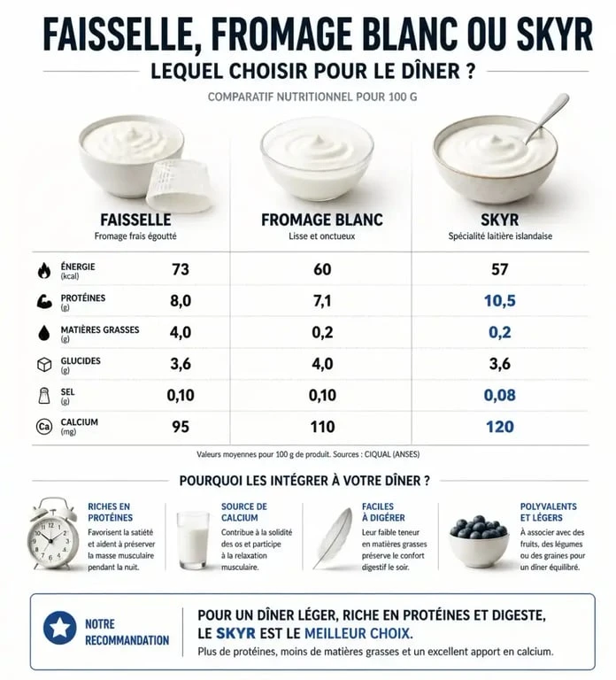 Comparatif nutritionnel : faisselle, fromage blanc et skyr pour manger de la faisselle le soir
