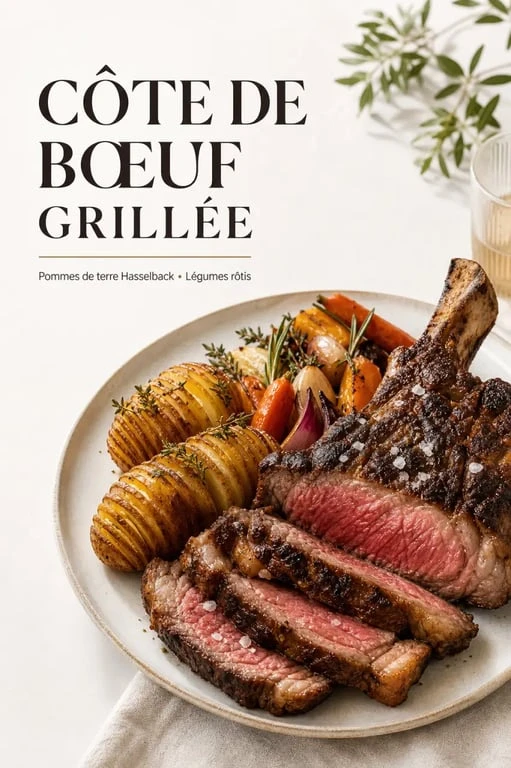 Côte de bœuf accompagnée de pommes de terre Hasselback et légumes rôtis pour un repas convivial