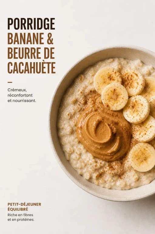 Bol de porridge crémeux banane et beurre de cacahuète, recette saine à base de flocons d'avoine pour le petit déjeuner