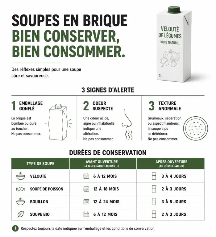 Infographie sur la conservation et les signes de péremption d'une soupe en brique périmée