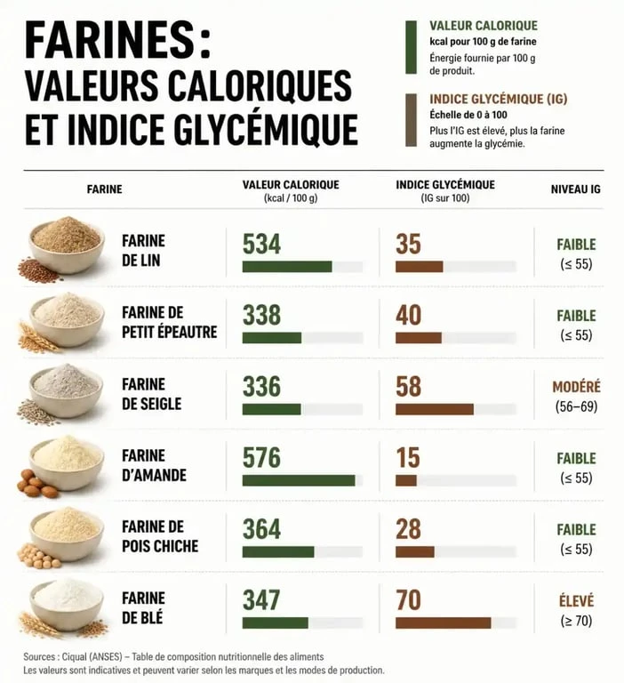 Infographie comparative des calories et de l'indice glycémique des farines pour choisir la farine la moins calorique