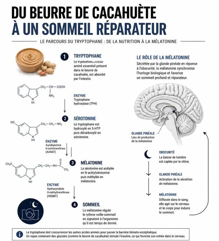 Infographie sur les bienfaits du beurre de cacahuète le soir pour le sommeil et la production de mélatonine