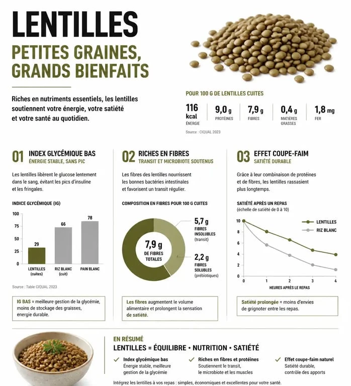 Infographie sur les bienfaits des lentilles pour la santé et la gestion du poids