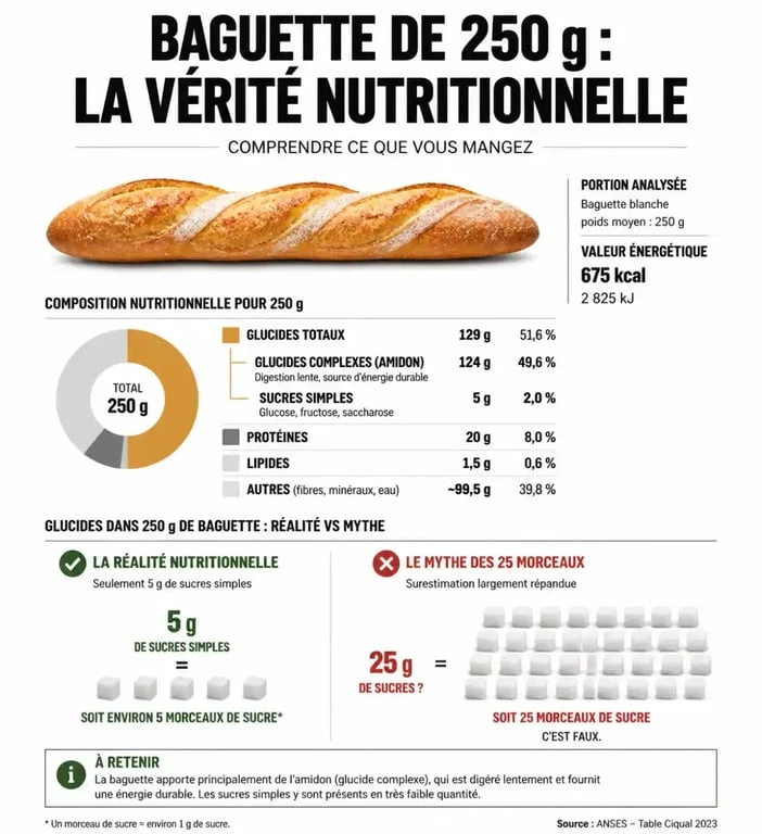 Infographie nutritionnelle : composition d'une baguette de 250g et quantité de sucre réelle