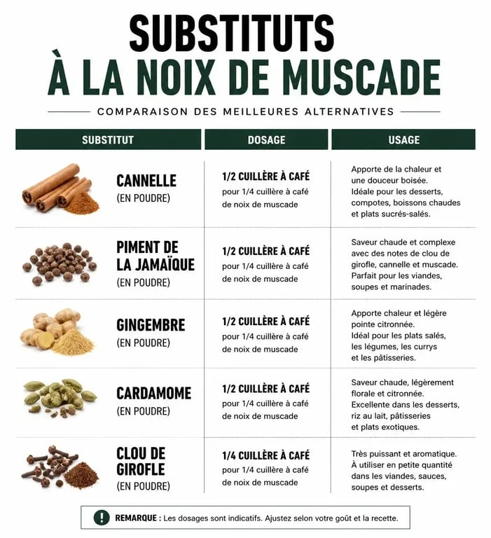 Infographie comparative des substituts à la noix de muscade pour vos recettes