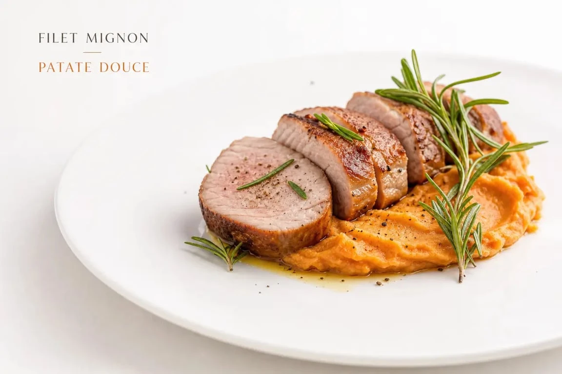 Filet mignon de porc en médaillons avec son accompagnement d'écrasé de patates douces