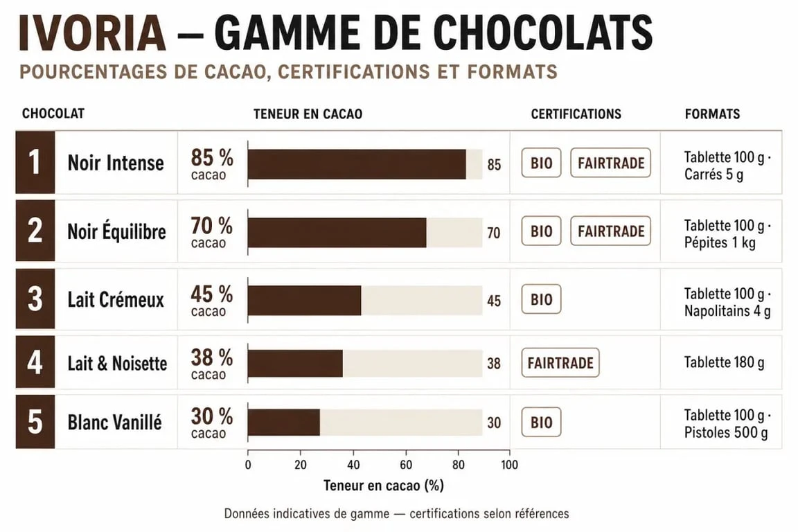 Infographie récapitulative de la gamme de chocolat Ivoria : certifications bio et équitable, pourcentages de cacao et formats disponibles.