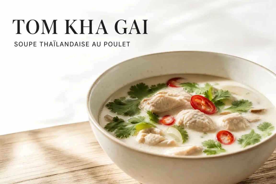 Soupe lait de coco thai Tom Kha Gai servie dans un bol avec coriandre