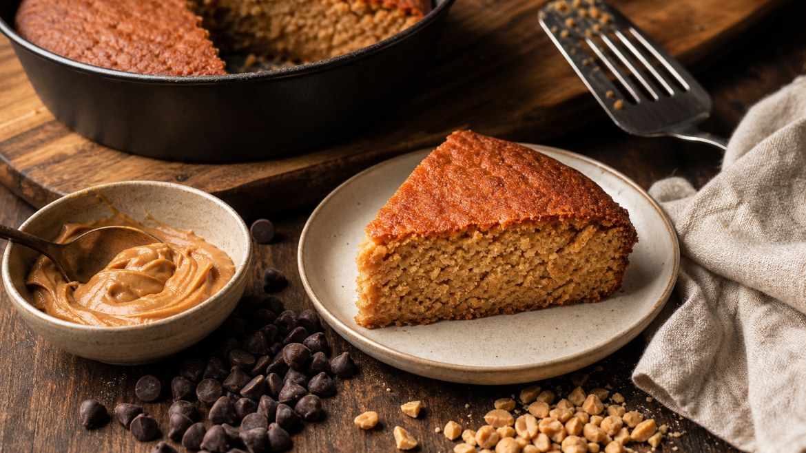 Gateau beurre de cacahuète ultra moelleux, part tiède avec beurre d’arachide et pépites