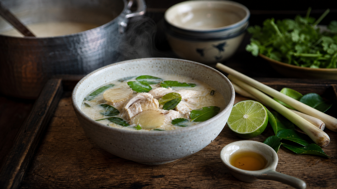 Soupe Tom Kha Gai : la recette authentique au lait de coco et poulet Soupe lait de coco thai Tom Kha Gai au poulet, lait de coco et citron vert
