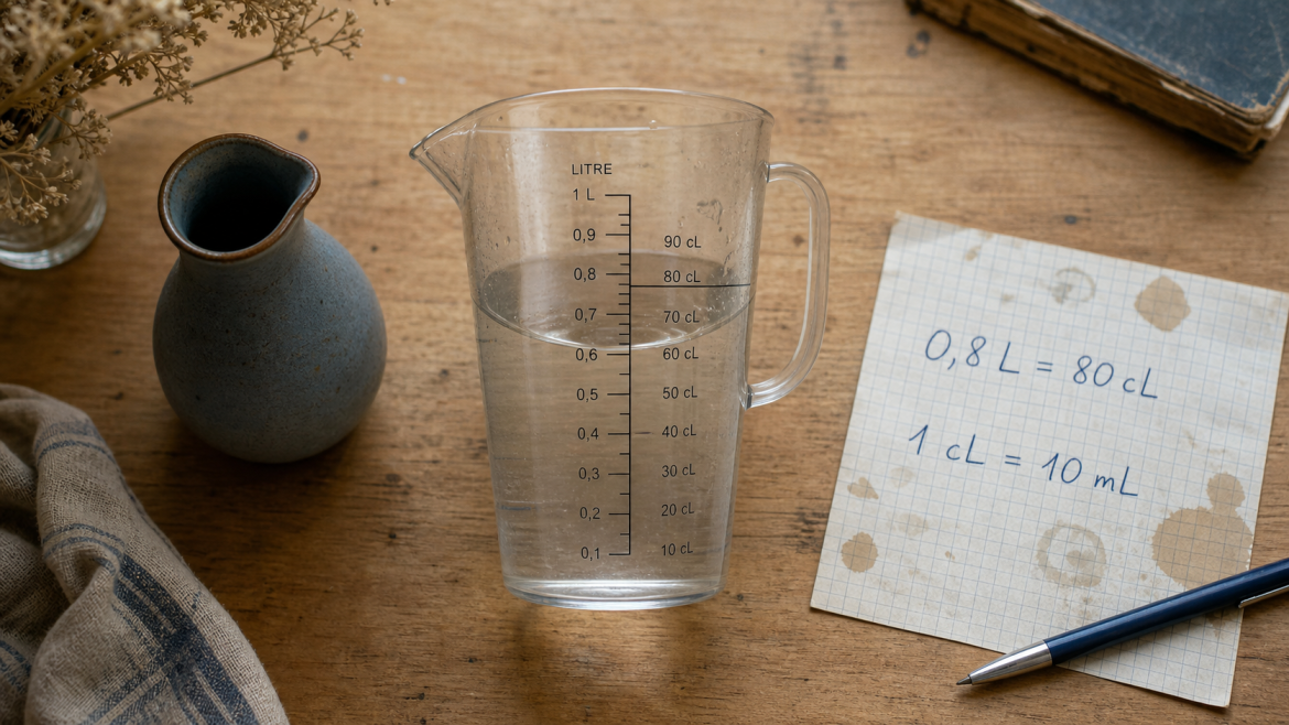 0.8 litre en cl : la conversion exacte, la méthode et le tableau à retenir 0.8 litre en cl : 80 cL sur un verre doseur, conversion et repère 1 cL = 10 mL