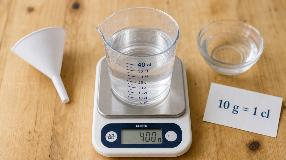 400g en cl : 40 cl pour l’eau, pas pour la farine ni l’huile 400g en cl : 40 cl d’eau dans un verre doseur