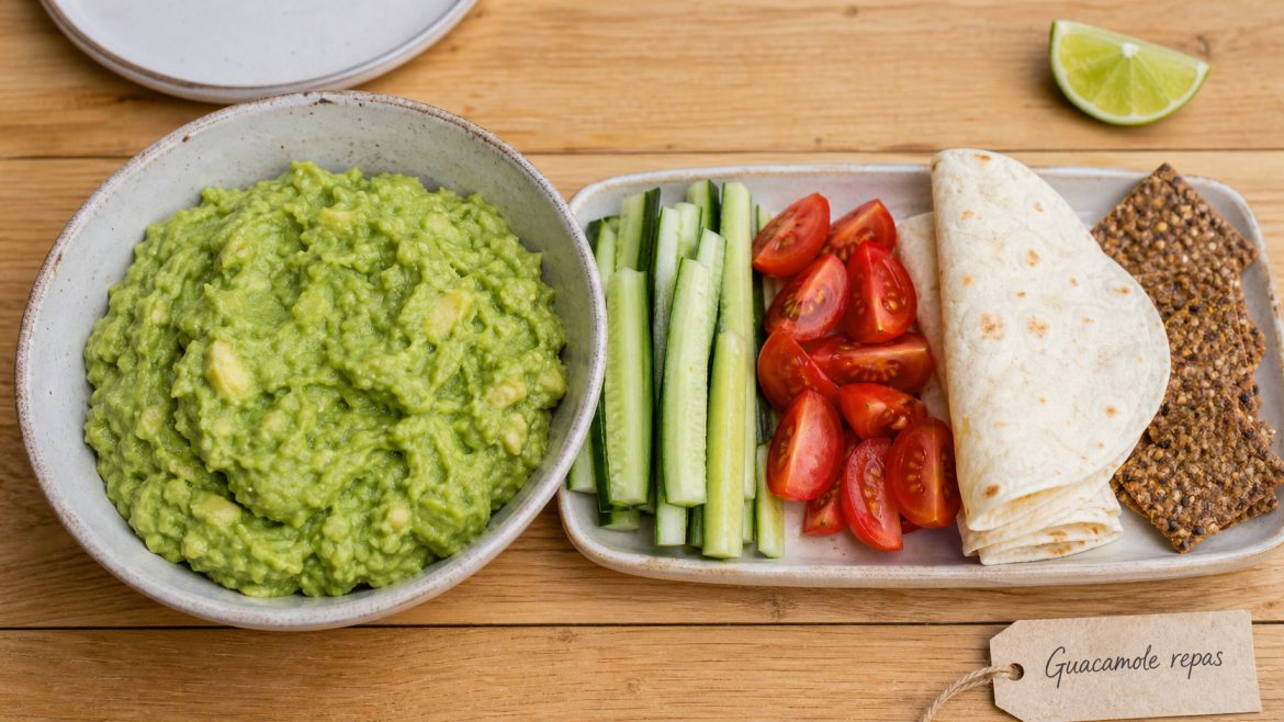 Avec quoi manger le guacamole ? Crudités, wraps et bowls qui changent des nachos Avec quoi manger le guacamole : bol et crudités (concombre, tomate), wraps et crackers