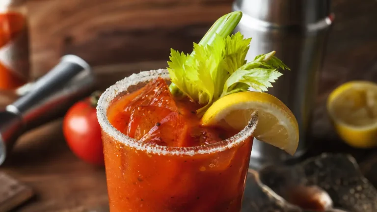 Bloody Mary recette : tumbler avec jus de tomate, glaçons, Tabasco et céleri