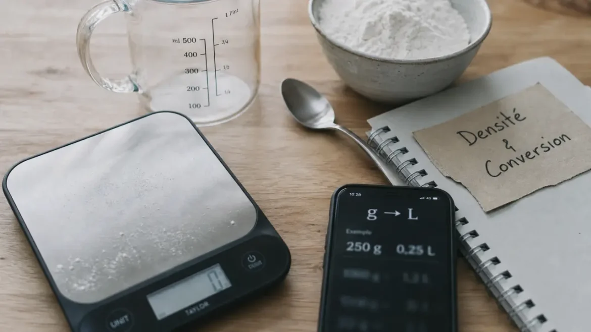 Pourquoi la densité change tout pour convertir des grammes en litres Conversion en gramme en litre : densité sur une balance et un verre doseur