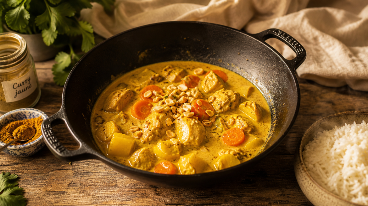Curry jaune recette : poulet au lait de coco, pommes de terre et riz jasmin