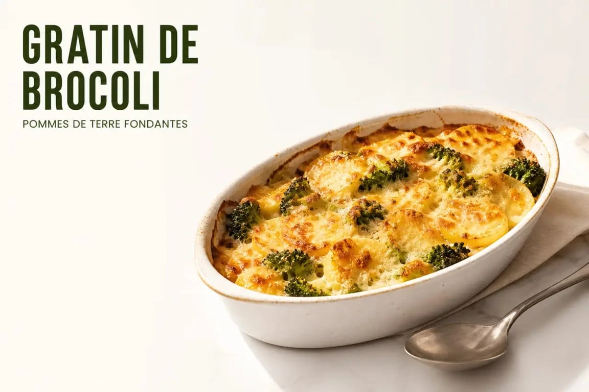 Gratin brocolie pomme de terre doré et fondant servi dans un plat familial