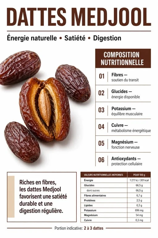 Les bienfaits des dattes Medjool : composition nutritionnelle, fibres, potassium et énergie