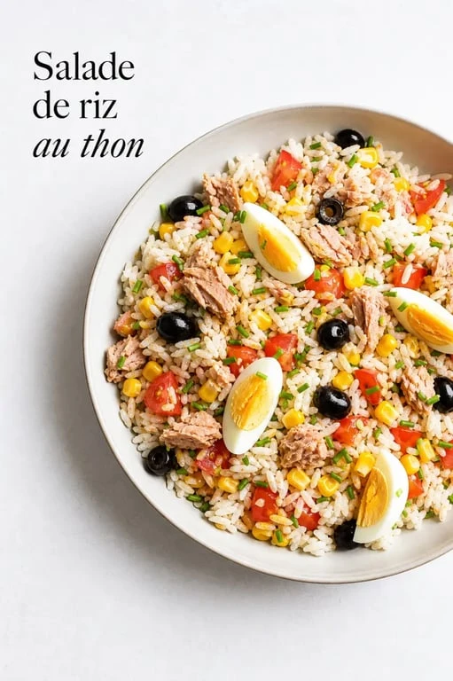 Recette salade de riz au thon servie en plat froid avec œufs, tomates, maïs et olives