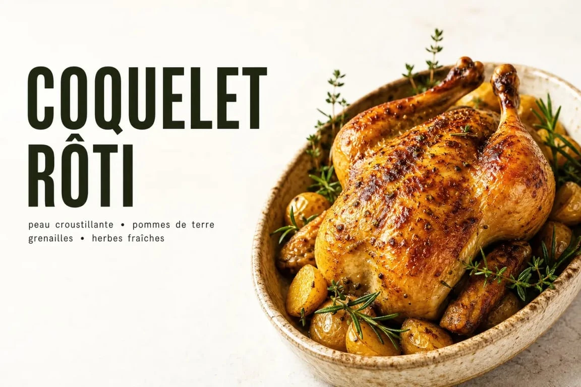Coquelet rôti au four doré et croustillant servi avec des herbes fraîches