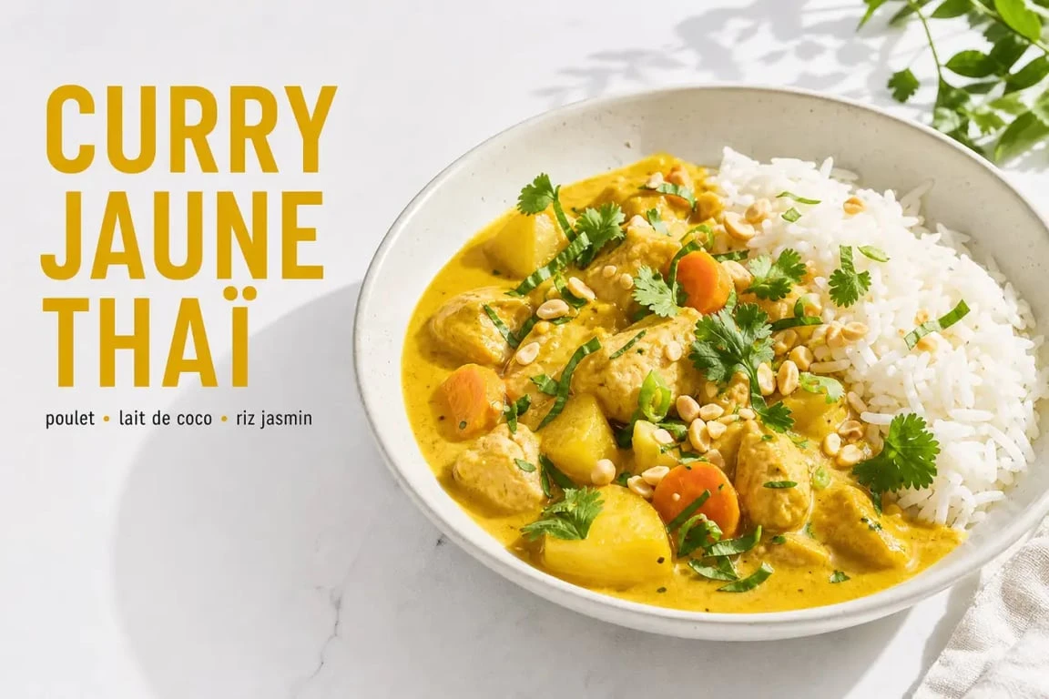 Recette curry jaune recette au poulet, servi avec riz jasmin et pommes de terre fondantes