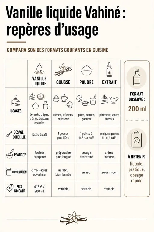 Infographie vanille liquide Vahiné avec comparaison des formes de vanille, dosage et prix