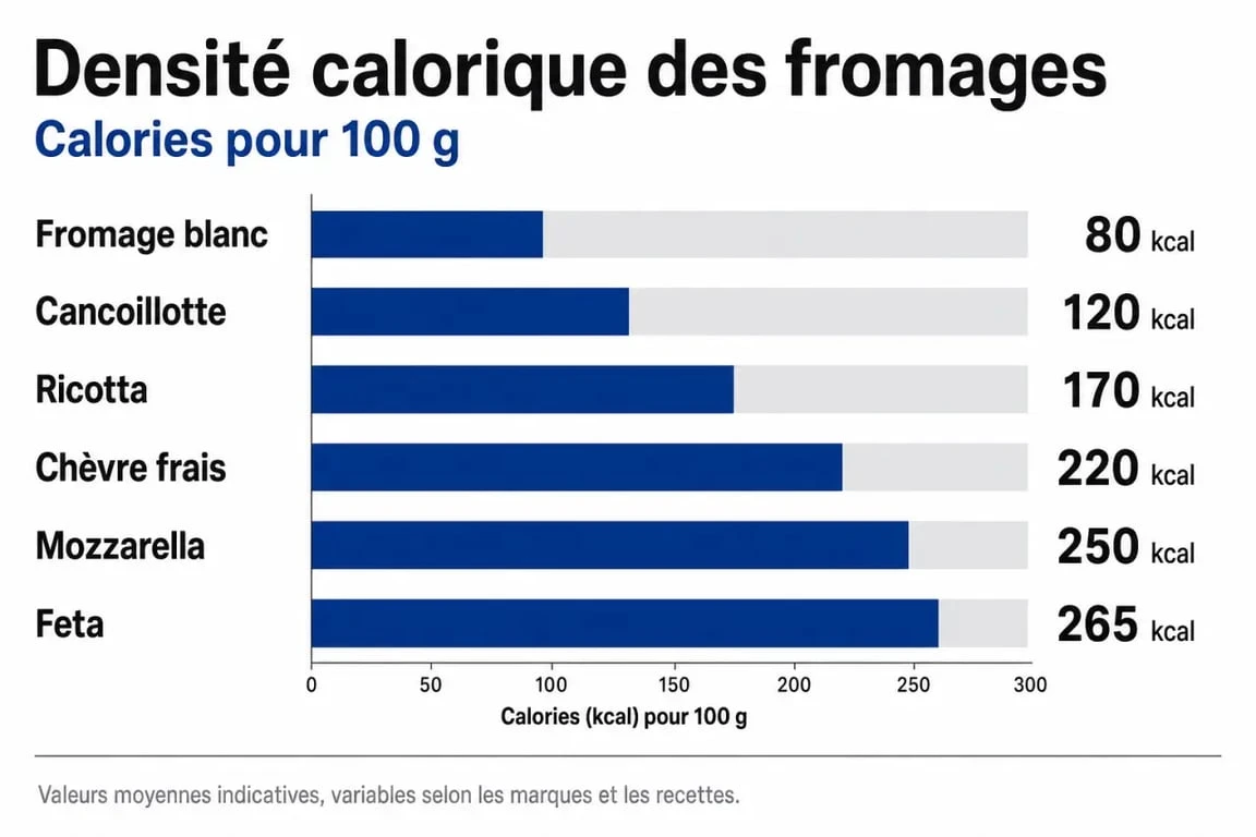 Infographie comparative des calories des fromages les moins caloriques pour une alimentation équilibrée.